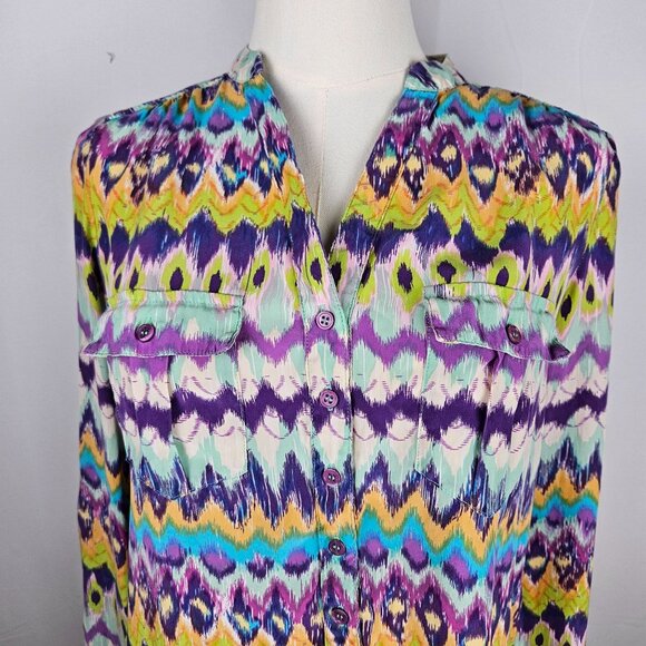 Haute Hippie Tunic Top or Dress XS 100% Silk Purple Blue Button-Up Ikat Print - Picture 2 of 10